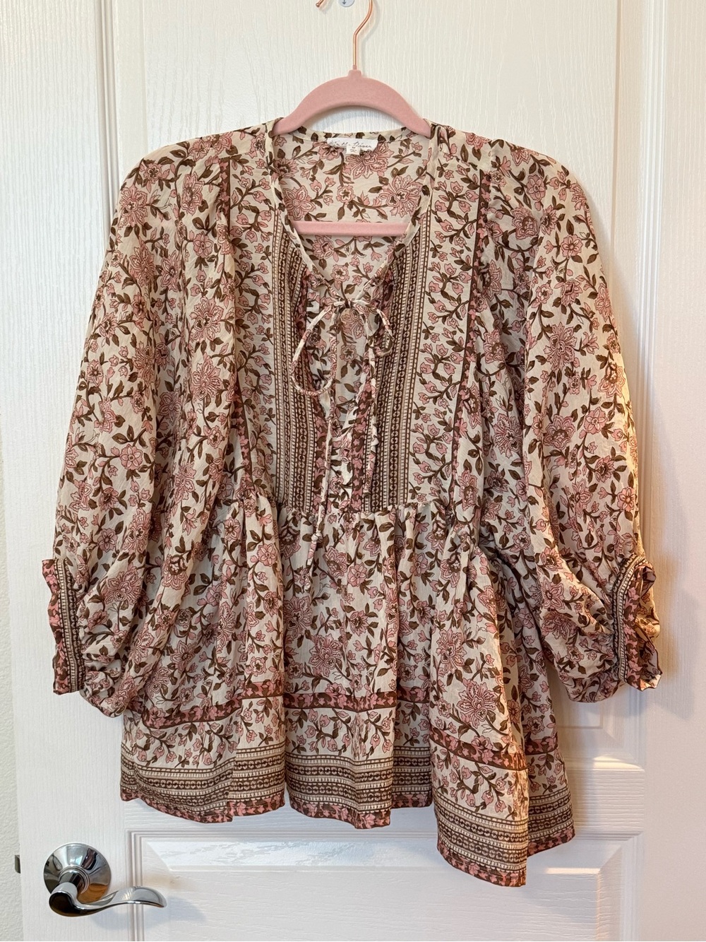 Boho Floral Peasant Blouse — Cream and‎ Dusty Pink